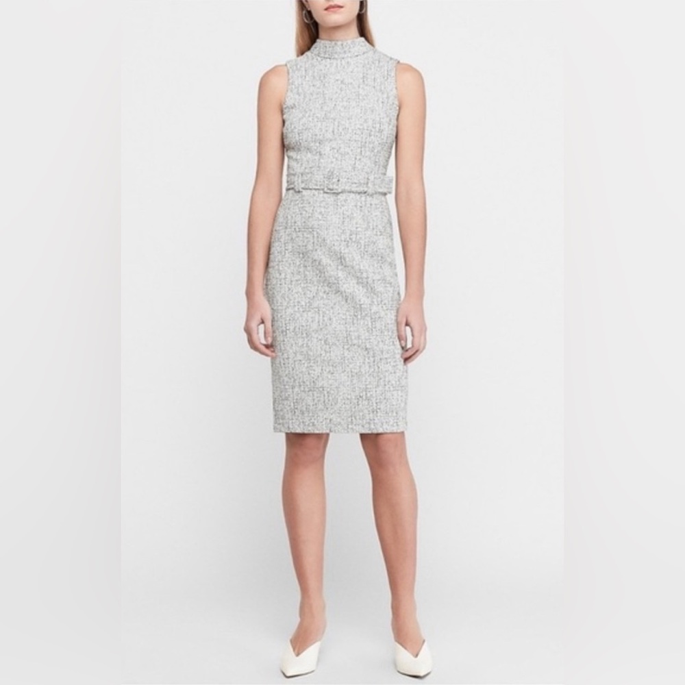 EUC EXPRESS LINED JACQUARD BELTED MOCK NECK SHEATH DRESS Sz L